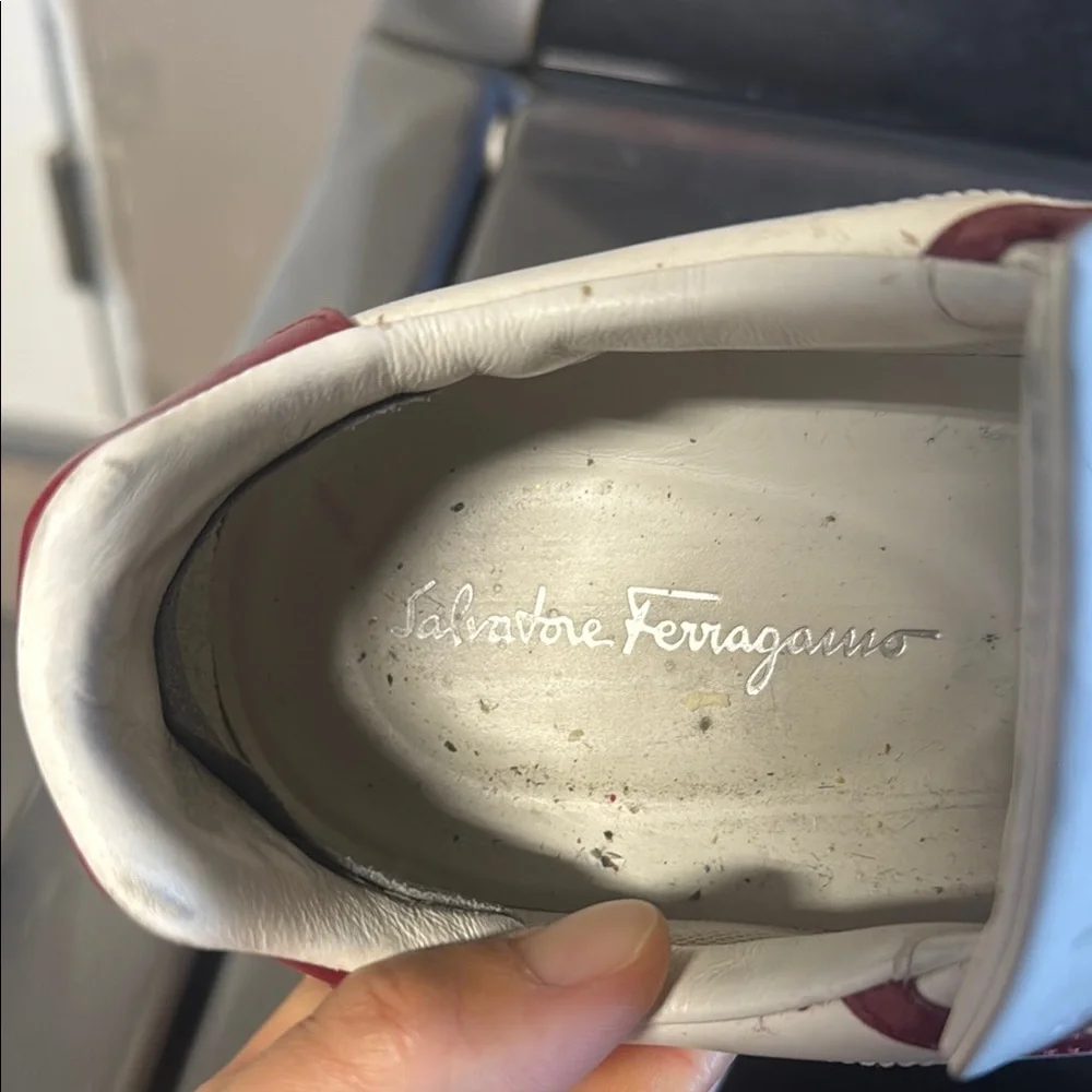 Salvatore Ferragamo White Leather Sneakers with Red Accents